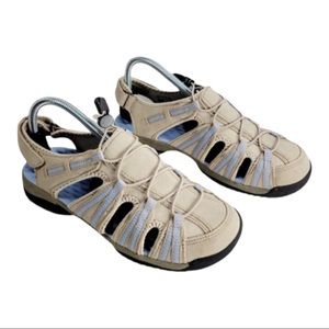 CLARKS TUVIA MADDEE Women’s Blue and Taupe Leather Sandals/Walking Shoes Sz 10